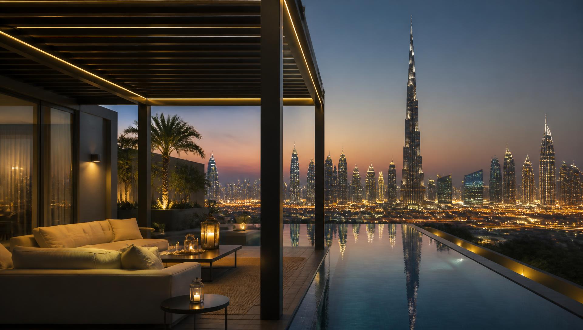 Luxury Dubai villa terrace with a black bioclimatic pergola overlooking the skyline at dusk